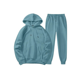 Ensemble sweat-shirt à capuche et pantalon de jogging unisexe bleu clair, couleur unie, manches longues, cordon de serrage, coupe ample, survêtement décontracté pour adulte - Product Image 1