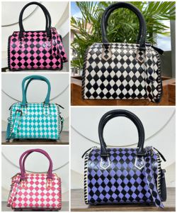 New Arrival Pink & White Checkered <b>Hand</b> <b>Tooled</b> Leather Speedy Bags Genuine Leather Crossbody Travel Small Duffel Bag for Women's - Product Image 5