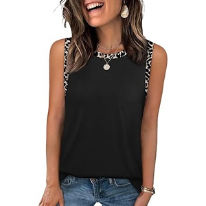 Camisetas sin mangas para mujer, de leopardo, de encaje, tejidas, transpirables, informales, con cuello bohemio, bloques de color, sin mangas, para verano, playa, vacaciones, con corte curvo - Product Image 1