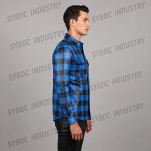 Camisa de Cuero de Cordero con Estampado a Cuadros Azul y Negro para Hombre, Manga Larga y Corta, Estilo Lumberjack con Botones a Presión - Product Image 1