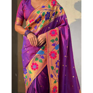 ผ้าไหมปาธานีสีม่วงทอมือลายหรูหรา พร้อมขอบผ้าขนาดใหญ่ ยืดหยุ่นและกลับด้านได้ ผ้าส่าหรีงานแต่งงานแบบดั้งเดิมของอินเดีย - Product Image 2