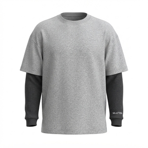 Men's T Shirt Gray Layered Long Sleeve Crew Neck Oversized Fit Short Sleeve Casual Streetwear <b>Tshirt</b> Clothes - Product Image 3