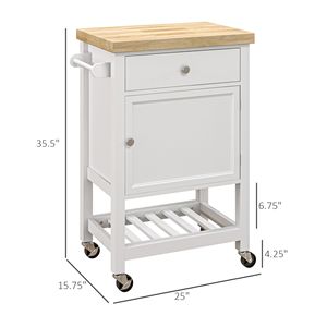 Carrello da Cucina Moderno Bianco con Isola Girevole, Piano Regolabile in Legno di Gomma, Cassetto, Portabottiglie, Mobile in Metallo e Legno con Ruote, Materiale MDF - Product Image 3