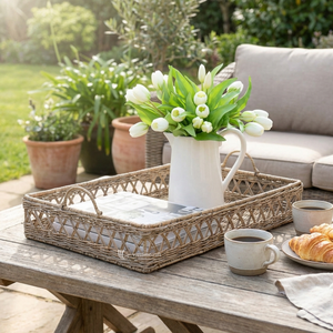 Rattan Serving Tray with Geometric Open-weave Design, <b>Rustic</b> Decorative Tray with Handles for <b>Coffee</b> <b>Table</b> & Home Decor - Product Image 3
