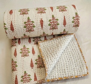 Hand Block Printed 100% Cotton Traditional Kantha <b>Quilt</b> Reversible Floral Design All-Season Neutral Style Home <b>Bedding</b> 60x90 - Product Image 3