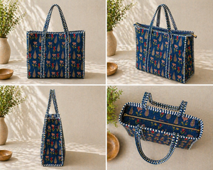 Vintage Fashion Bohemian Floral Quilted Tote <b>Bag</b> with Zipper Closure Jaipur Hand Block Print for Women <b>Summer</b> Use - Product Image 5