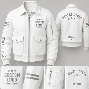 Blouson bomber en cuir blanc personnalisé avec poches zippées, style streetwear et détails graphiques premium pour un confort unisexe, par SHY - Product Image 3
