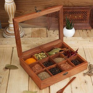 Acacia Wood Spice <b>Box</b> with Glass Lid 12 Compartments Handmade Masala Storage Organizer Kitchen Spice Container - Product Image 5