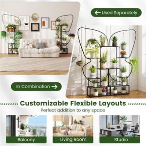 Lot de 2 supports à plantes en métal noir à 6 niveaux en forme de papillon avec crochets de suspension et patins réglables pour pots de fleurs et jardinières - Product Image 5
