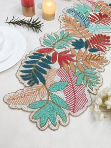 Bohemian Handmade Fabric Table Runner Irregular Shape Beaded Leaf Design <b>Mats</b> & Pads - Product Image 2