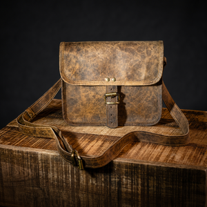 Distressed Brown Leather Crossbody Satchel Bag Vintage Handmade <b>Shoulder</b> Purse With Buckle <b>Strap</b> For Daily Use - Product Image 3