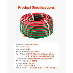 Tuyau double oxyacétylène 1/4 x 100 pieds pour soudage et brasage, raccord 9/16'' 18 B, 300 PSI, pour torche de découpe de grade T - Product Image 4