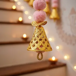 Pink <b>Pom</b> <b>Pom</b> <b>Tassel</b> <b>Garland</b> With Gold Bells Hanging Decor For Indoor Home Staircase Bohemian Style - Product Image 5