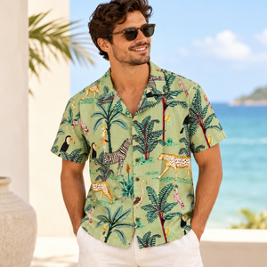 Camisa de Manga Corta con Cuello Camisero y Estampado Tropical para Hombre, Camisa Casual Hawaiana de Algodón Elástico para Hombre, Ropa de Playa, Moda para Vacaciones de Verano - Product Image 2