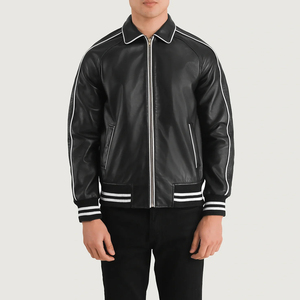 <b>Men's</b> Black Wool Varsity <b>Jacket</b> with <b>White</b> Trim Turn-Down Collar Zipper Closure Reflective Polyester/Cotton Casual Winter Wear - Product Image 5