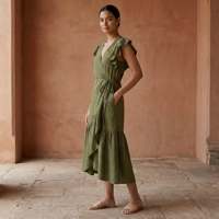 Robe mi-longue en coton filé à la main vert olive pour femmes, avec volants, tissu léger, style doux, coupe régulière, style A-line