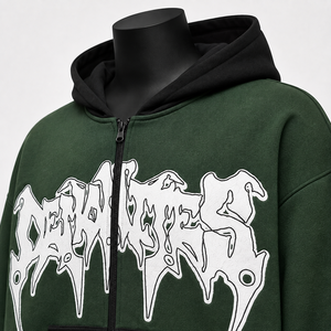 Custom Men's Green <b>Full</b> <b>Zip</b> Hoodie Gothic Letter Print Y2K Streetwear Fleece <b>Sweatshirt</b> OEM Factory - Product Image 6