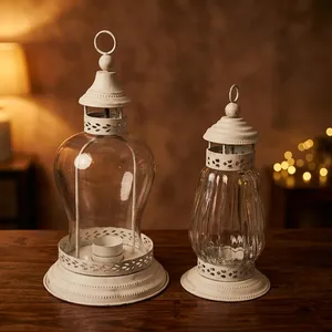 Farol de Vidrio Vintage con Marco Metálico, Acabado Blanco, Decoración para el Hogar, Portavelas, Forma de Cilindro Vacío - Product Image 5