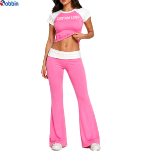 Customized Trade <b>Summer</b> Women's 2 Piece Set Black Short Sleeve Top With Custom Logo Flared <b>Pants</b> Casual All Seasons Knitted - Product Image 2