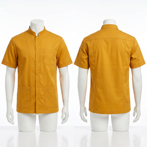 Chemise de travail pour barbier homme, 220 GSM, mélange coton polyester, jaune, manches courtes, panneau de jauge, broderie personnalisée, logo imprimé - Product Image 6