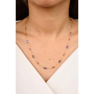 18K Solid Yellow Gold Tanzanite and Tourmaline Station Fashion Necklace - Product Image 4