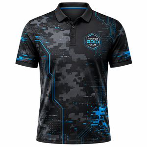 Polo de Manga Corta para Hombre Vector Grid Club, Diseño Casual de Secado Rápido con Estampado de Camuflaje Digital Negro y Logotipo Frontal - Product Image 1