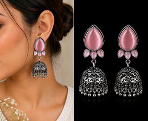 Pink <b>Cat</b> Eye Stone Oxidized Silver Brass Jhumka Earrings | Handmade Vintage Boho Chandelier Earrings | Indian Traditional - Product Image 6