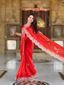 Indian Boutique <b>Red</b> Premium Exclusive Soft Tissue Embossed Saree Traditional Indian Bridal Wear Wedding Prom Party Wear Women - Product Image 1