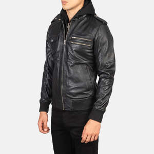 Chaqueta Bomber de Cuero Negra Personalizada para Hombre, Chaqueta de Cuero con Bolsillos Utilitarios en las Mangas, Chaqueta de Cuero Auténtico de Alta Calidad al por Mayor - Product Image 4