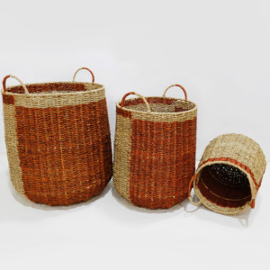 Paniers de rangement en jonc de mer naturel tressé à la main, écologiques, avec poignées, style rustique, multi-usages, forme ronde, ensemble de paniers de rangement pour la lessive - Product Image 5