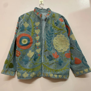 Handmade Vintage Suzani <b>Winter</b> Short Jacket Boho Floral Bomber with Pocket Windproof and Breathable Filled with Cotton - Product Image 1