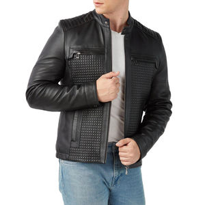 <b>Men's</b> Black And <b>White</b> Leather Motorcycle <b>Jacket</b> Moto Biker Style Stand Collar Zipper Closure Color Blocking Design - Product Image 2