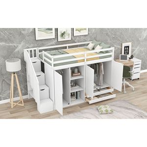 Letto a Soppalco Funzionale Bianco per Bambini con 3 Ripiani, 2 Armadi, 2 Cassetti, Scala e Spazio di Archiviazione, Senza Necessità di Rete a Doghe - Product Image 4