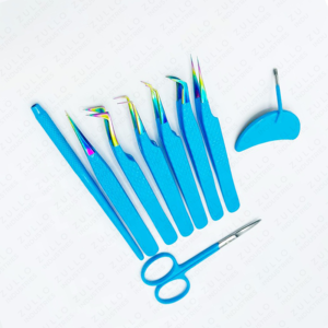 Juego de 9 Pinzas para Pestañas de Acero Inoxidable, Marca Personalizada, Puntas Azul Cielo, Herramientas de Extensión de Pestañas con Punta de Espejo - Product Image 2