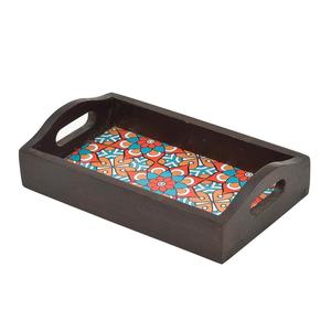 Bandeja de madera hecha a mano de gran venta con estampado floral ornamentado, plato decorativo rectangular al por mayor para pedidos a granel - Product Image 1
