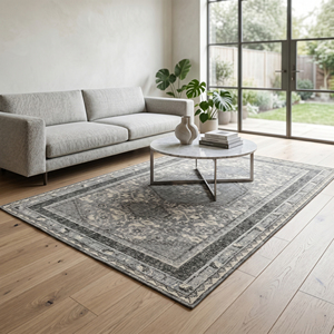 Tapis de zone moderne personnalisé de haute qualité gris ivoire vieilli à triple médaillon, bordure géométrique, écologique, antidérapant, tufté à la main - Product Image 4