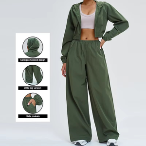 Womens <b>Cropped</b> <b>Zip</b> <b>Up</b> Hoodie Wide Leg Pants Set Lightweight UV Protection Tracksuit Breathable Sportswear Set - Product Image 4