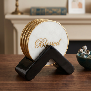Handmade White Marble <b>Drink</b> <b>Coasters</b> with Gold Rim and Black Resin Stand Luxury Table Accessories - Product Image 1