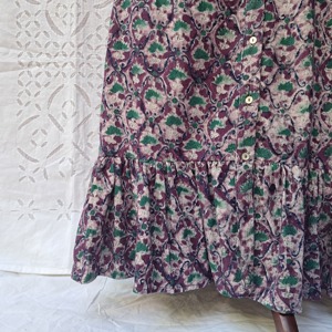 Scrollwork Lattice Block Print Cotton Women's Full Length Gathered <b>Skirt</b> Smocked Waist Ruffle Hem Purple Green <b>Boho</b> Handcrafted - Product Image 6