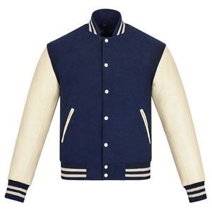 Veste universitaire pour homme, bleu marine, manches crème, couleur unie, col rabattu, bouton unique, style preppy, automne, décontracté - Product Image 1