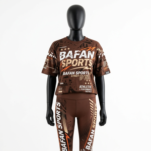 ชุดเสื้อยืดและเลกกิ้งผู้หญิง พรีเมียม 190 GSM โพลีเอสเตอร์ผสมสแปนเด็กซ์ สีน้ำตาล พิมพ์ลายแบบซับลิเมชั่น ชุดออกกำลังกายสำหรับผู้หญิง - Product Image 1