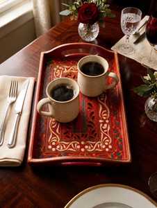 Boho Wooden Serving Tray Hand Painted, Coffee Table Tea Platter, Farmhouse <b>Kitchen</b> <b>Decor</b>, Housewarming Gift for Her - Product Image 1
