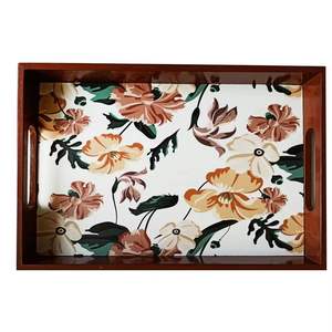 Ensemble de plateaux de service en bois avec base à motifs floraux, plateau rectangulaire pour le thé, le café, le petit-déjeuner, plateau de service décoratif pour aliments - Product Image 3