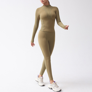 Olive <b>Green</b> Half Zip Long Sleeve Top Front Zipper High Waist <b>Leggings</b> Set <b>Women</b> Ribbed Athleisure Activewear Gym Training 2026 - Product Image 2
