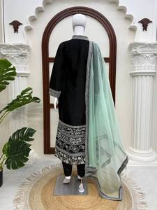 Black Embroidered Indian Pakistani Set Long Kurta Palazzo <b>Shawl</b> Set for <b>Wedding</b> Festival Wear - Product Image 4