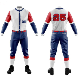Custom Baseball Uniform Jersey With Number 25 <b>White</b> <b>Red</b> <b>Blue</b> Striped Softball Outfit Full Set - Product Image 1