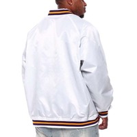 Veste de baseball en satin blanc pour homme, col rayé violet et orange, boutons sur le devant, veste bomber à manches longues, veste d'hiver pour homme, adultes