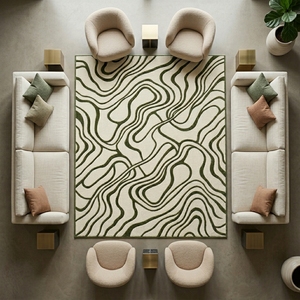 Tapis d'intérieur artisanal tufté vert ivoire, motif abstrait moderne, sur mesure, en laine/coton, avec envers en latex souple, luxe minimaliste, pour la décoration de la maison - Product Image 6