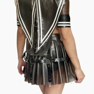 Sleeveless PU Leather Sailor Collar Mini <b>Dress</b> With Pleated Skirt And Belt Contrast Color Party Wear High Waist Fitted Style - Product Image 1