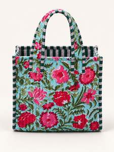 Bolso Tote de Algodón Acolchado Veer Handicrafts, Estampado Floral Azul, Asas Verdes a Rayas, Cierre de Cremallera, Estilo Moderno, Origen Rajasthan - Product Image 1